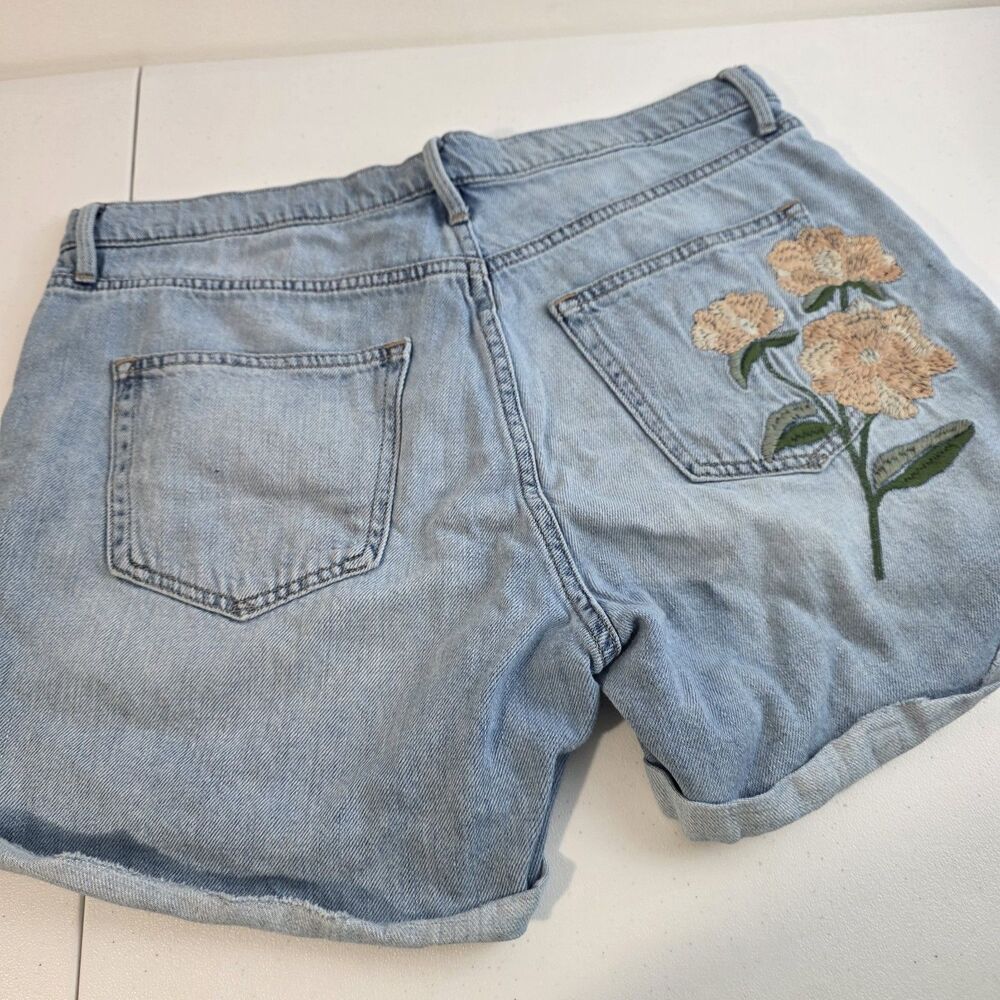 Gap 1969 Womens 30R Cuffed Boyfriend Embroidered Floral Blue Jean Shorts